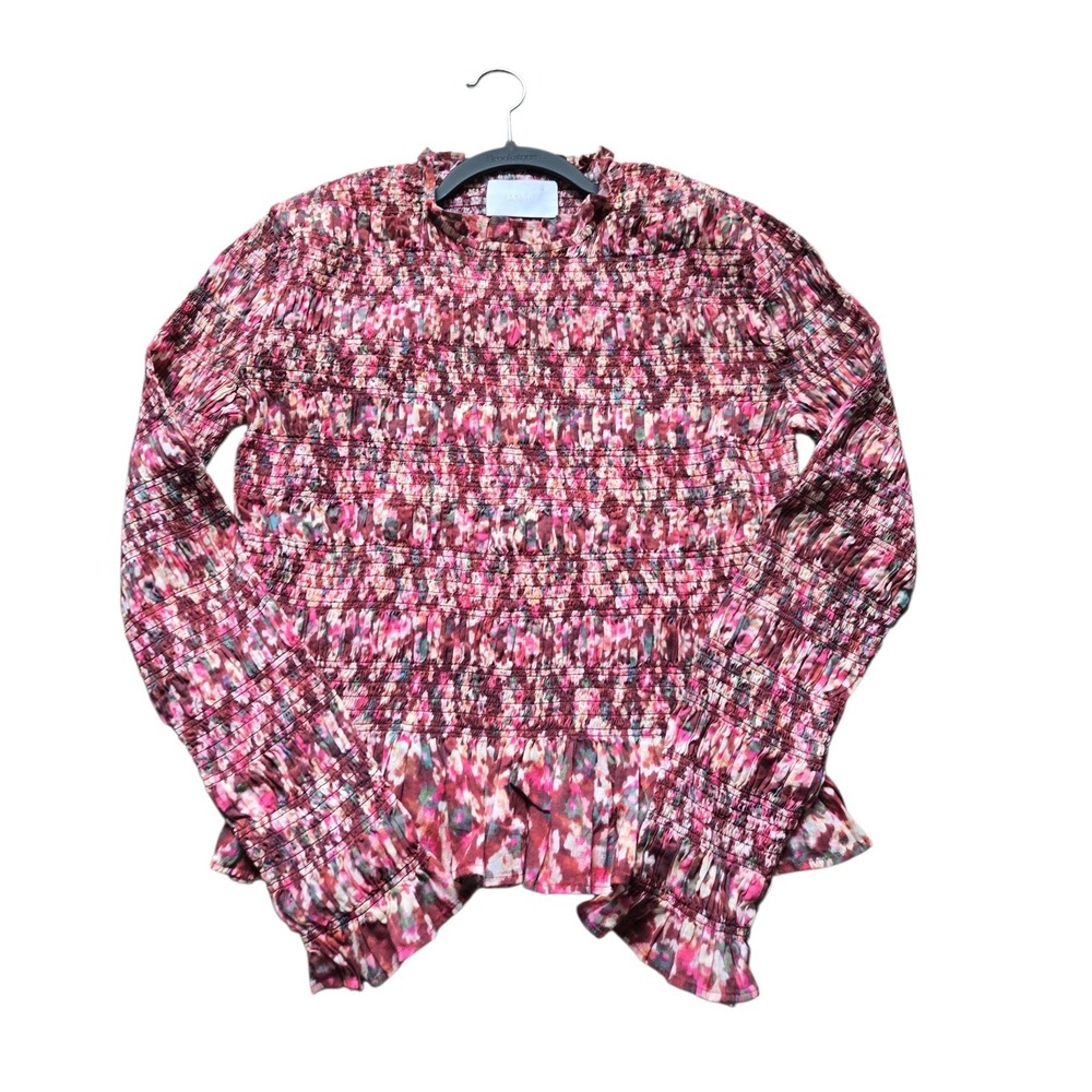 Merlette Smocked Peplum Top Burgundy Pink Abstract Floral Mock Neck Blouse - Picture 2 of 10